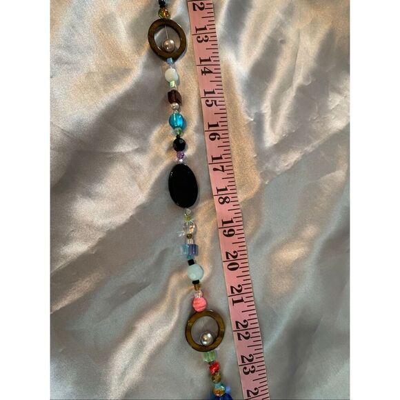 Colorful Long Beaded Statement Necklace Geometric Shapes Boho Retro Style Blue, - Picture 9 of 11